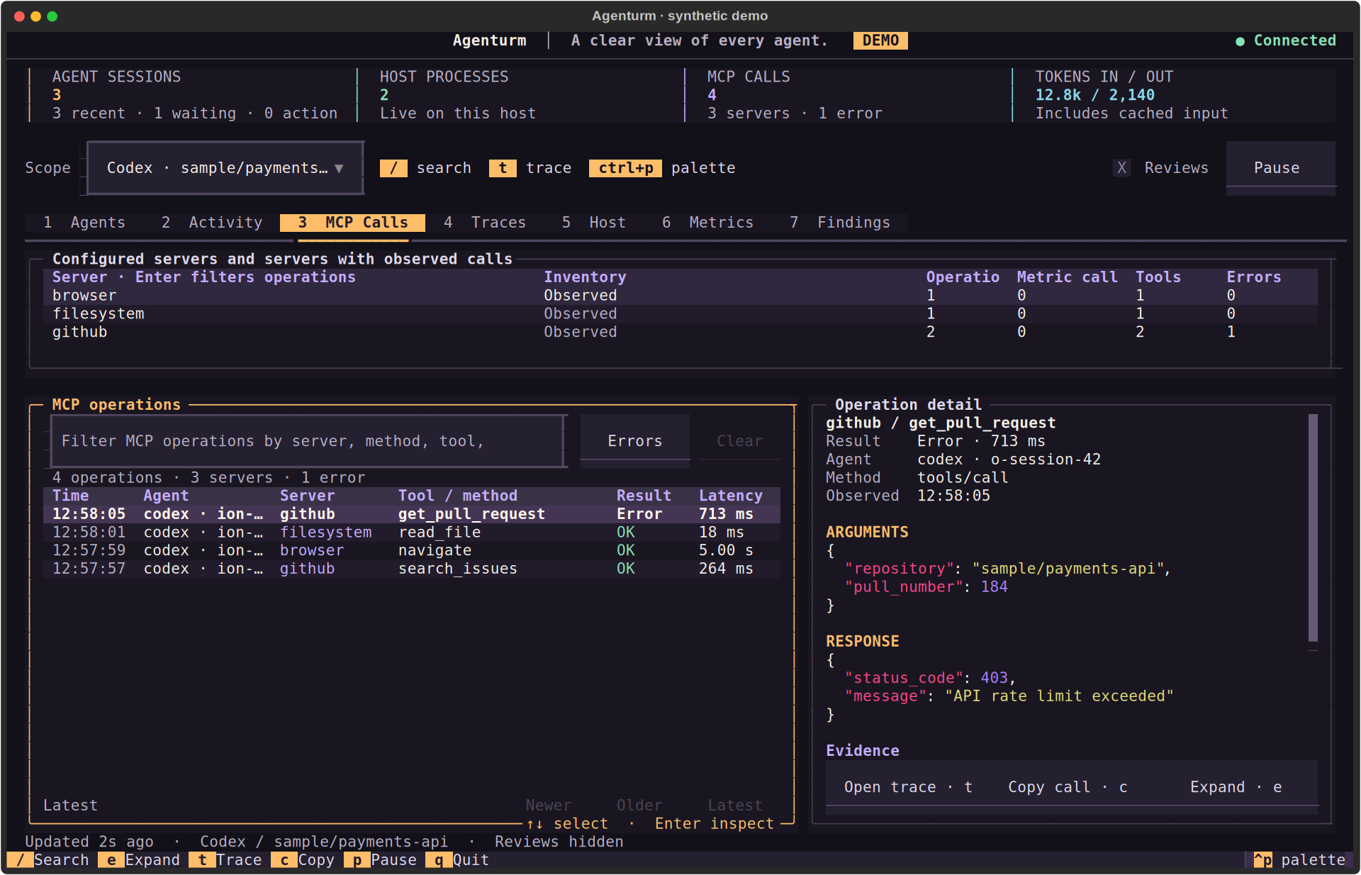 Agenturm MCP Calls view listing tool calls with servers, status, and duration.