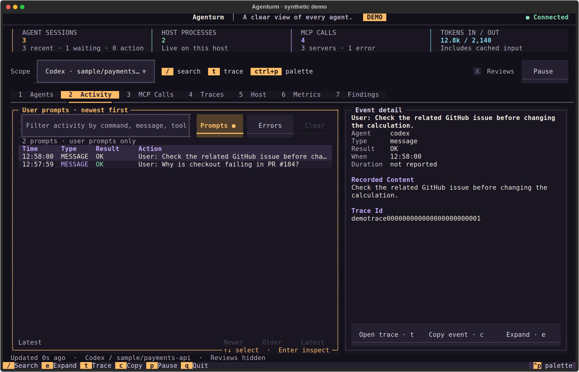 Agenturm Activity view showing the prompt sequence for a selected agent session.