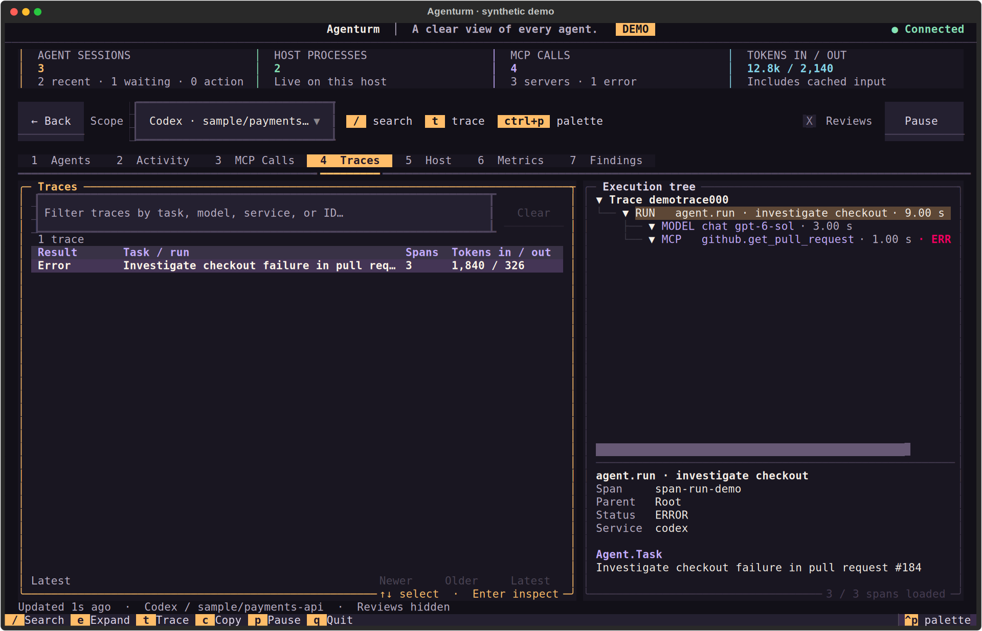 Agenturm Traces view showing a parent-child execution tree with model usage.